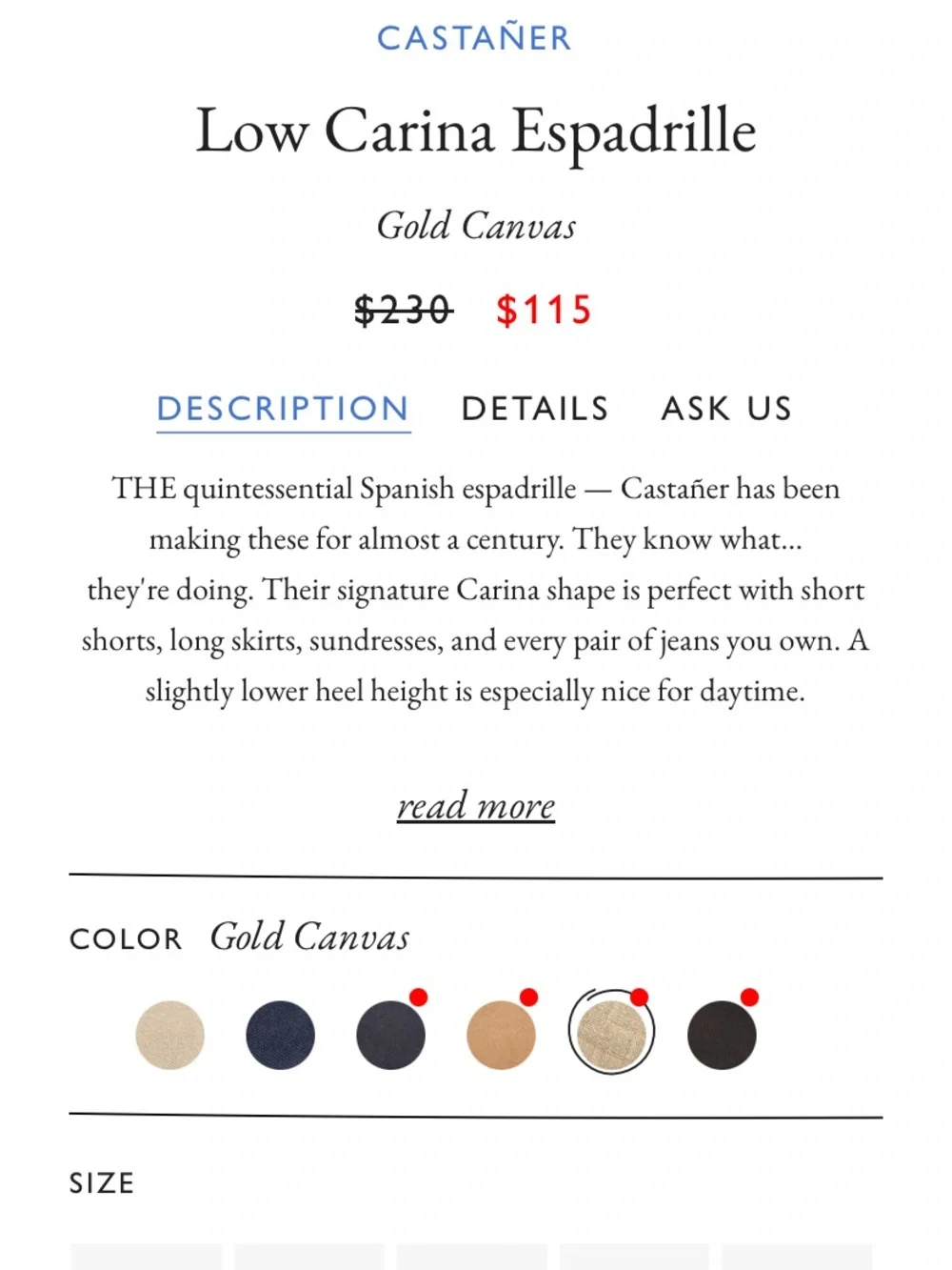 Castañer Low Carina Espadrille in Gold Canvas